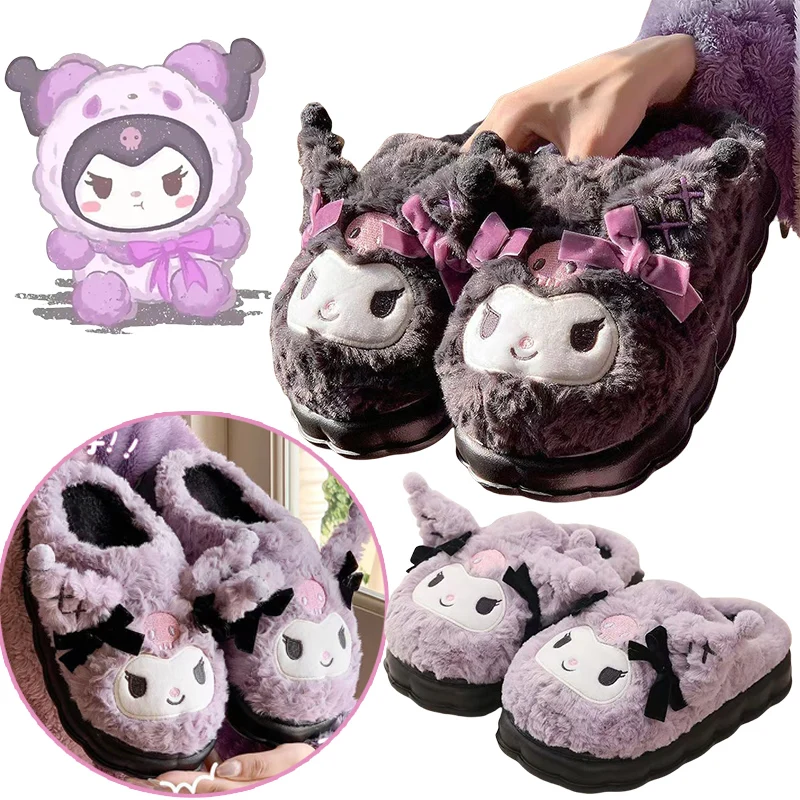 

Sanrio Kuromi Cotton Slippers for Autumn and Winter Indoor Thick-Soled Non-Slip Girl Cartoon Warm Fleece-Lined Soft Sole Shoes