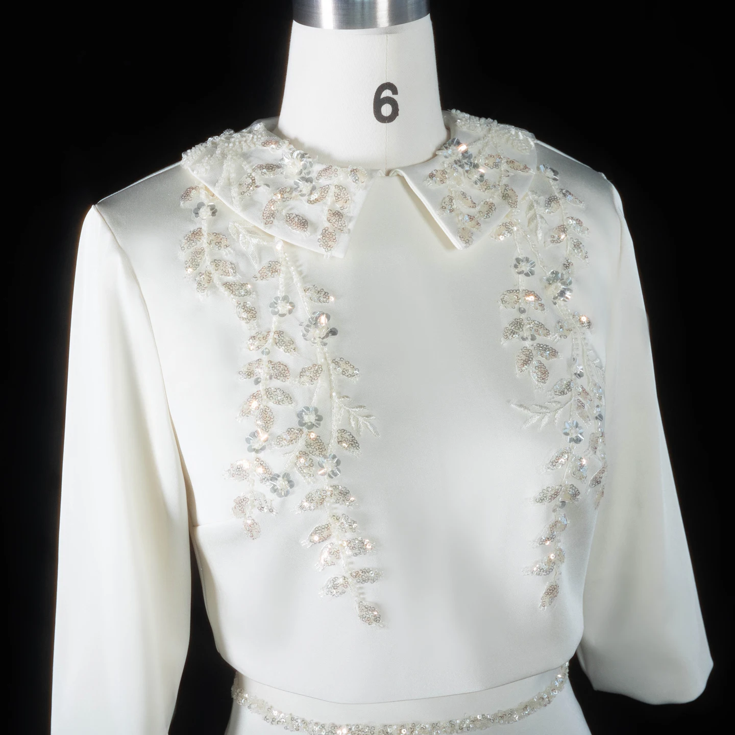 Sharon Said Beige Satin Zweiteiliges Abendkleid mit schweren Pailletten, floralen Perlenstickereien, A-Linie, formelle Partykleider SS214, maßgeschneidert – Detail 9