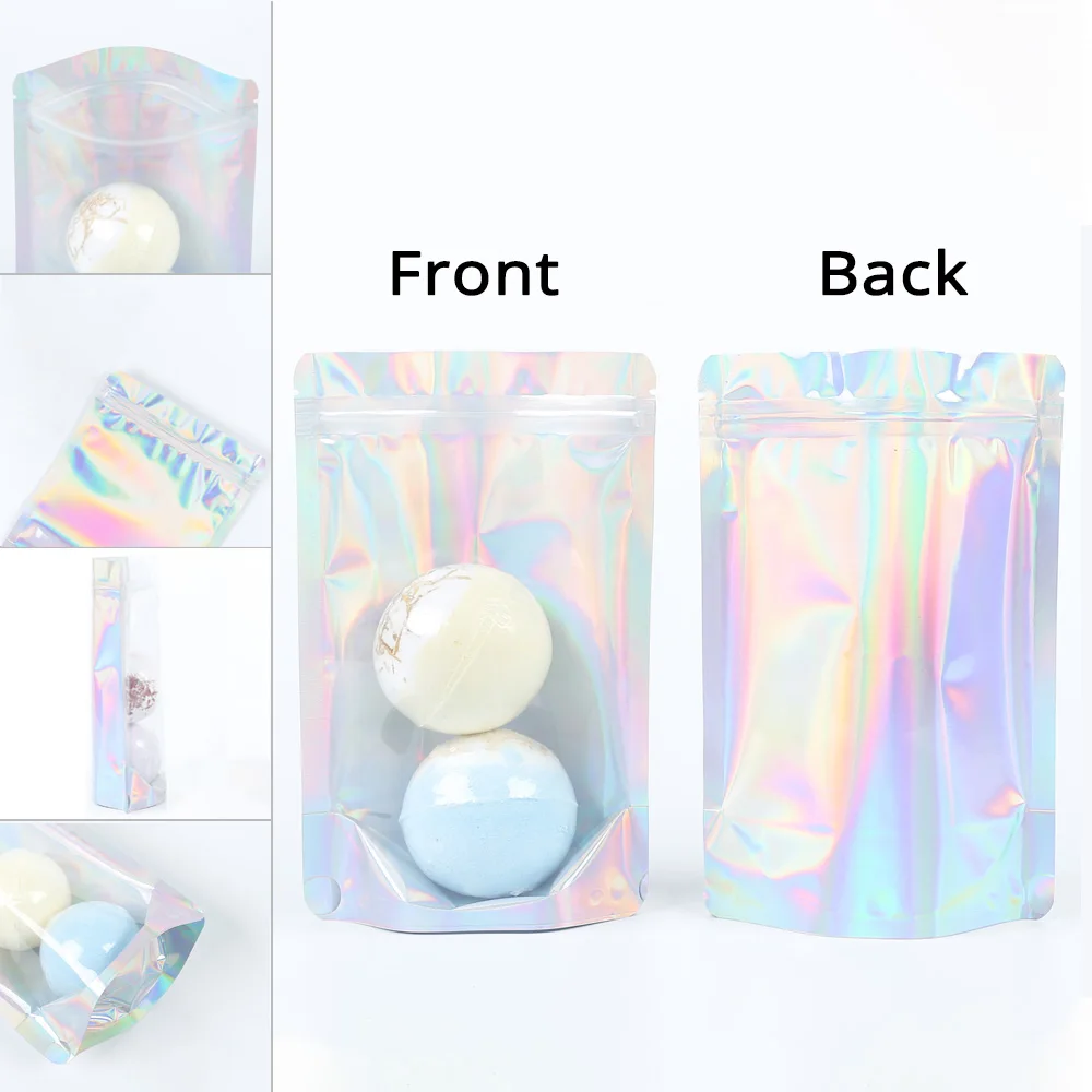 100Pcs Various Size Holographic Mylar Pouch  Clear Window Stand Up Resealable Beauty Products Storage Bag for Cosmetic