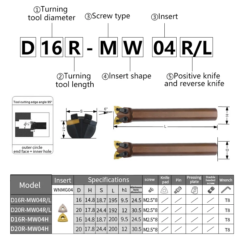 Soporte de herramientas de torneado interno de doble cabezal, D16R-MW04R de acero de resorte de D20R-MW04L, insertos WNMG, barra de torno,