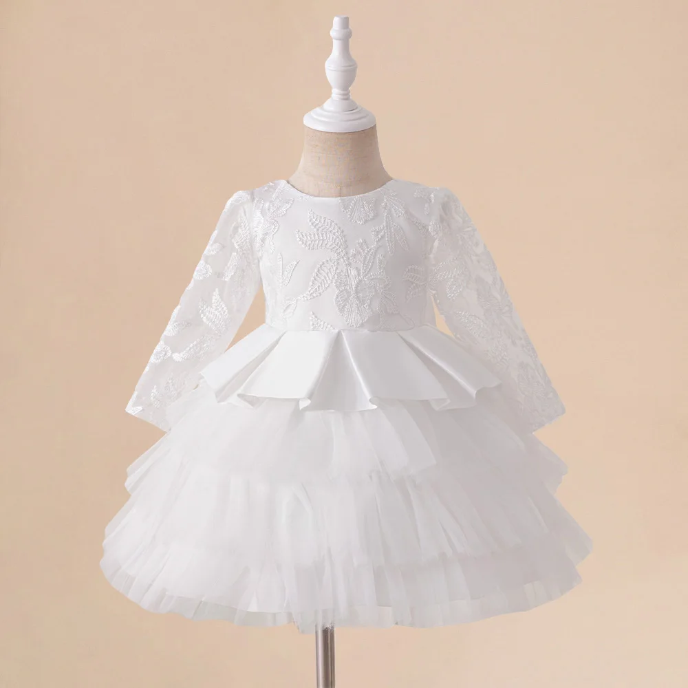 Baby Girls 1st Birthday White Baptism Dresses Long Sleeve Lace Infant Baby Princess Dress Fluffy Tulle Girl Wedding Party Gown