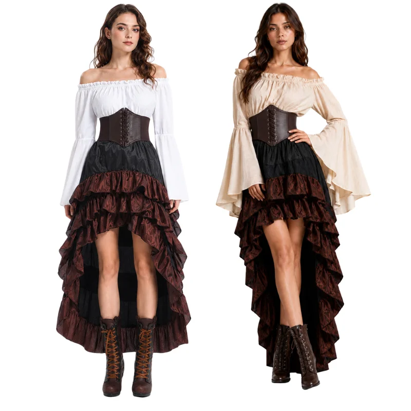 中世の海賊コスプレ衣装トップシャツスカートキャノピースカートハロウィン女性用ドレス、ルネッサンススタイルドレスプリーツ