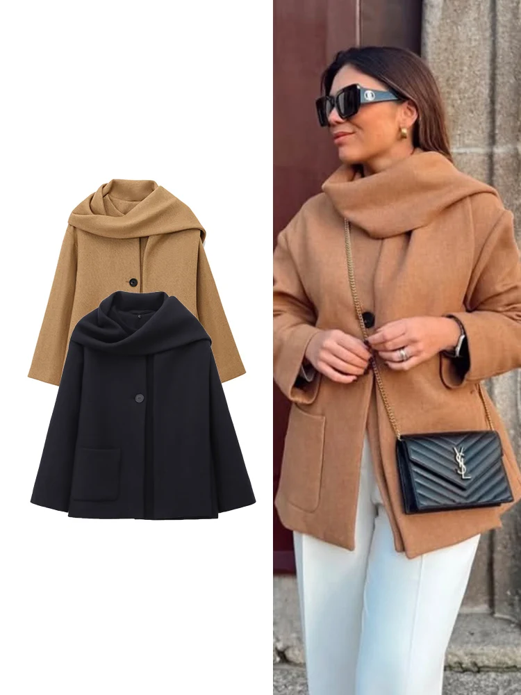 

TFMLN Fashion Women Scarf Collar Coat Chic Solid Button Loose Fit Jacket Casual New 2025 Autumn Lady Daily Commute Outerwears