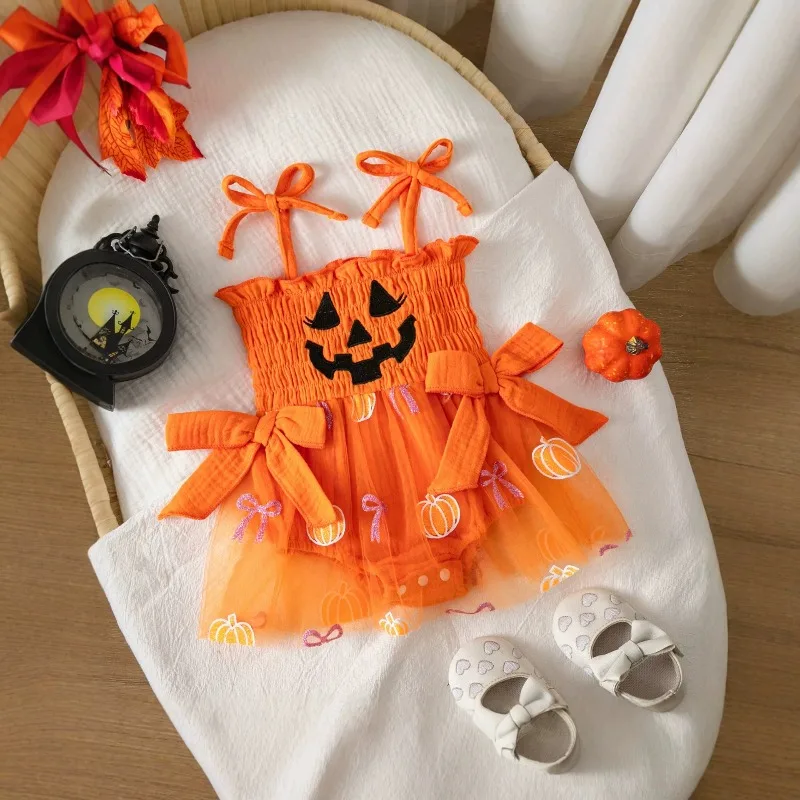 Pumpkin Face Tulle Baby Romper Dress with Bow Orange Halloween Newborn Infant Toddler Bodysuit Costume Outfit
