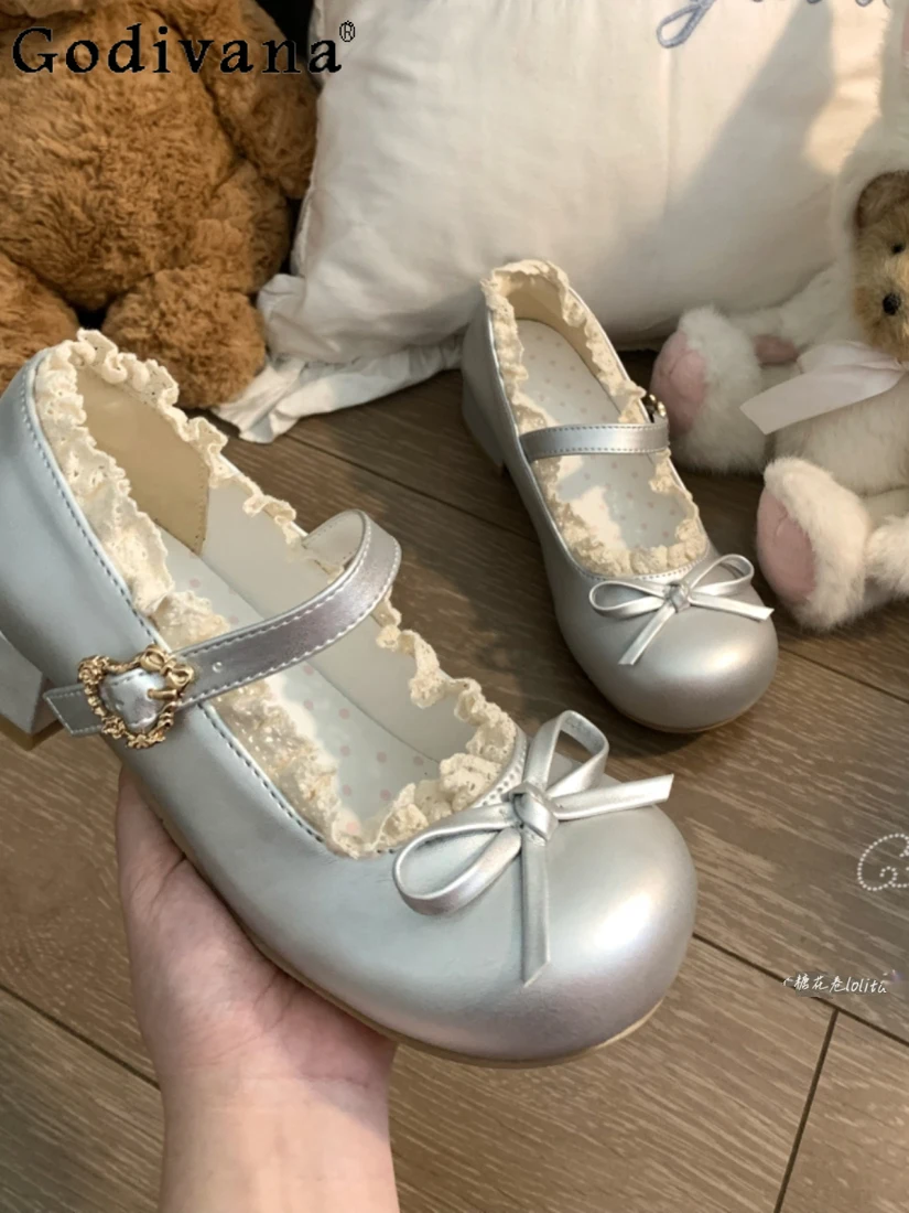 

Japanese Original Sweet and Cute Girl Lolita High Heels Lace Lace Bow Round Head Thick Heel Versatile Mary Jane Shoes