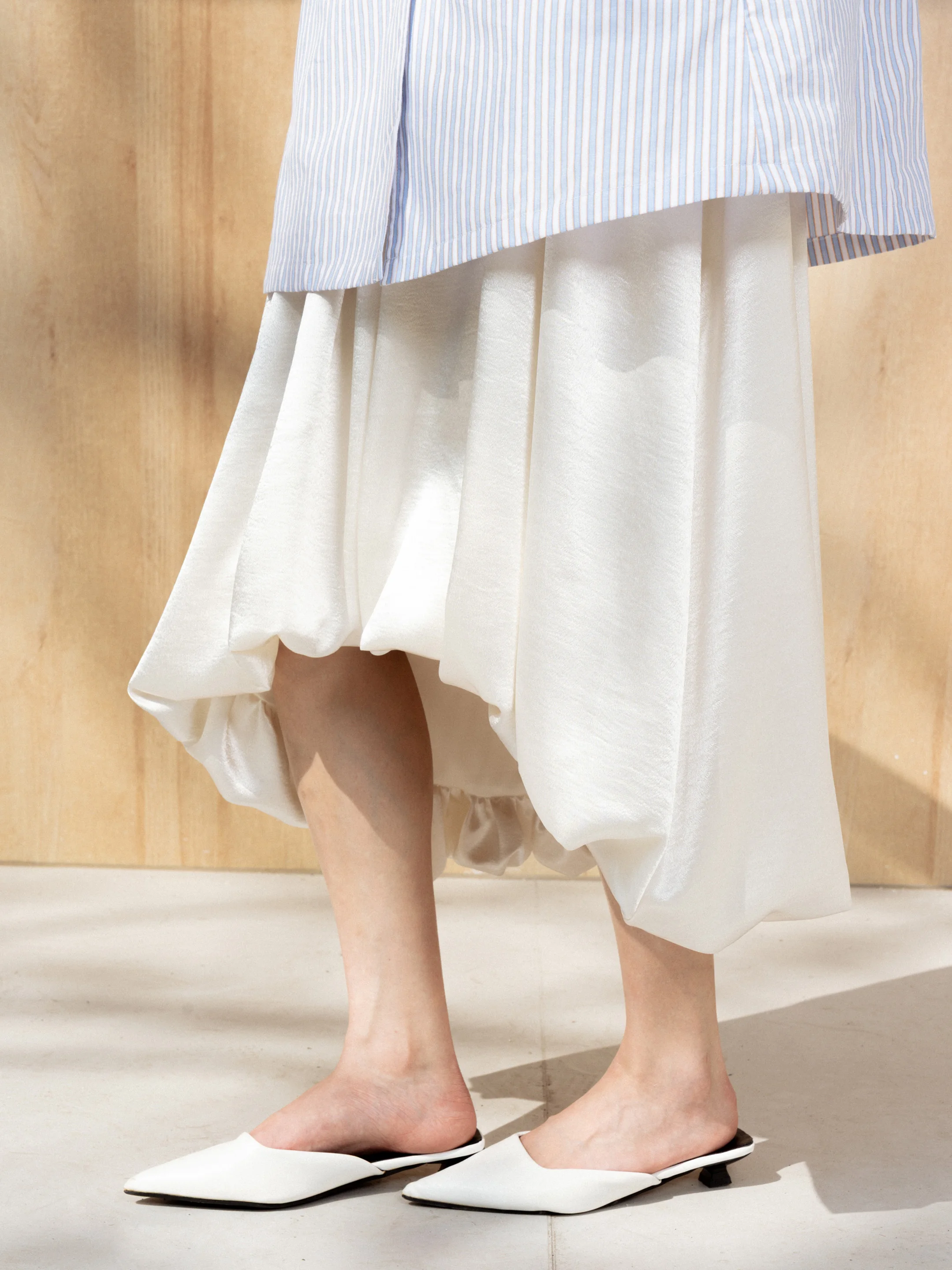 IKS Original Spring Summer Gathered Bubble Skirt Satin Drape Asymmetrical Vaion Versatile Midi Skirt Women's Ele