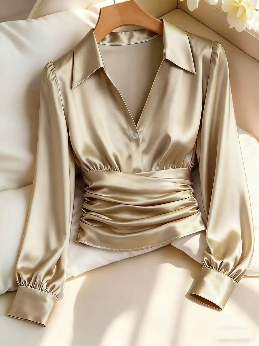 

Women's Satin Solid Color Ruched Waist Long Sleeve Button-Up Blouse