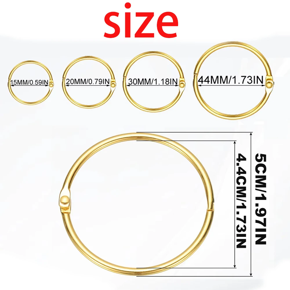 12Pcs Gold Metal Ring Binder Set Size 15mm-44mm, DIY Loose Leaf Book Hoop Open Office Binding Supplies Album Fine Writing Tools