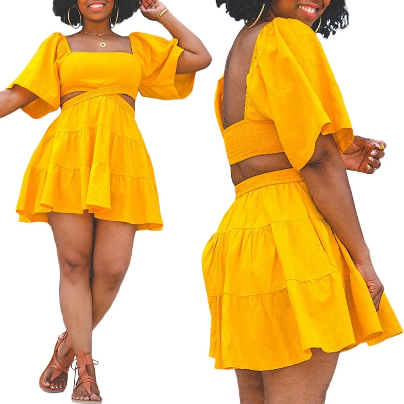 

Mini Dress Women Dresses A Line Vestidos Ruffles Hollowed Out Square Collar Short Sleeve Elegant Splice Y2k High Waist 2025