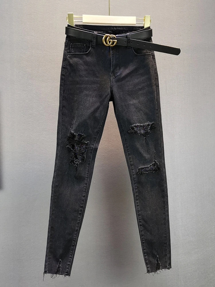

Bla Slim Fit Stretchy Jeans Rhinestone Faux Tear High Waist Cotton Stretch Denim Comfortable Soft Sle European High Waist