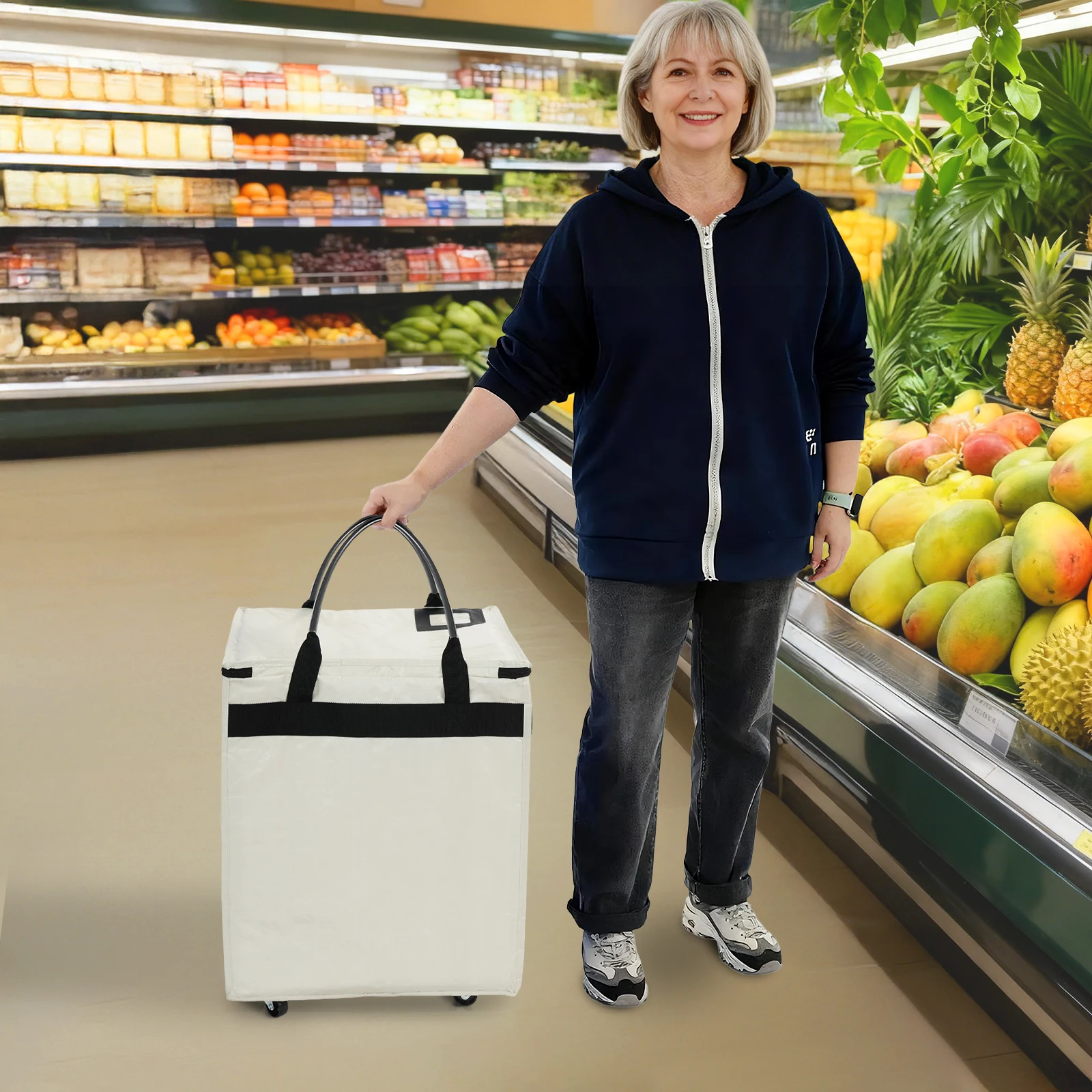 

Foldable Rolling Shopping Trolley, Reusable Grocery Bag with 4 Swivel Wheels & Pull Handle, Shopping Cart for Travel Picnic