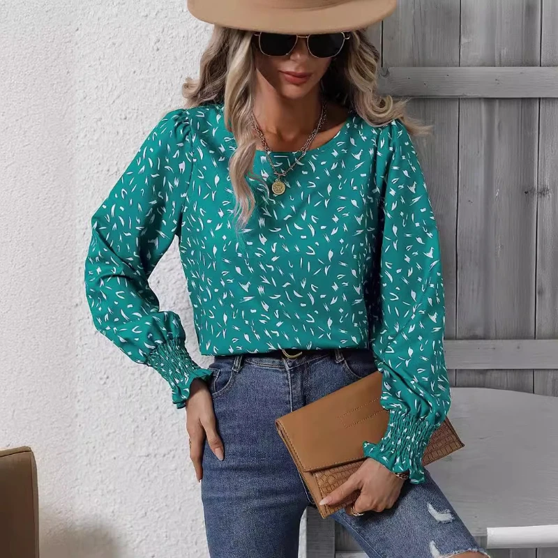 Shirt Round Neck Bubble Sleeves Leopard Print Chiffon Shirt Commuter Top Women's