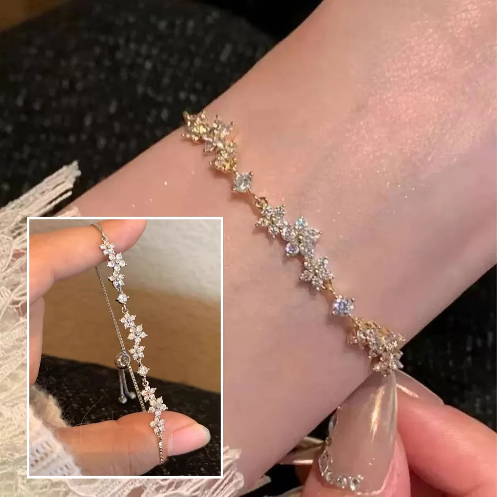 아연 합금 팔찌 반짝이는 지르콘 꽃 팔찌 수제 팔찌 데일리 패션 액세서리 파티용 합금 팔찌