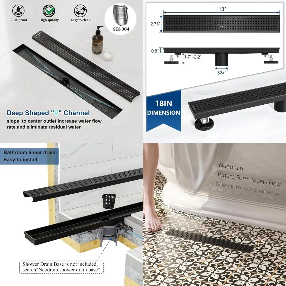 

18 Matte Black 304 Stainless Steel Shower Drain with Removable Quadrato Grate and Leveling Feet