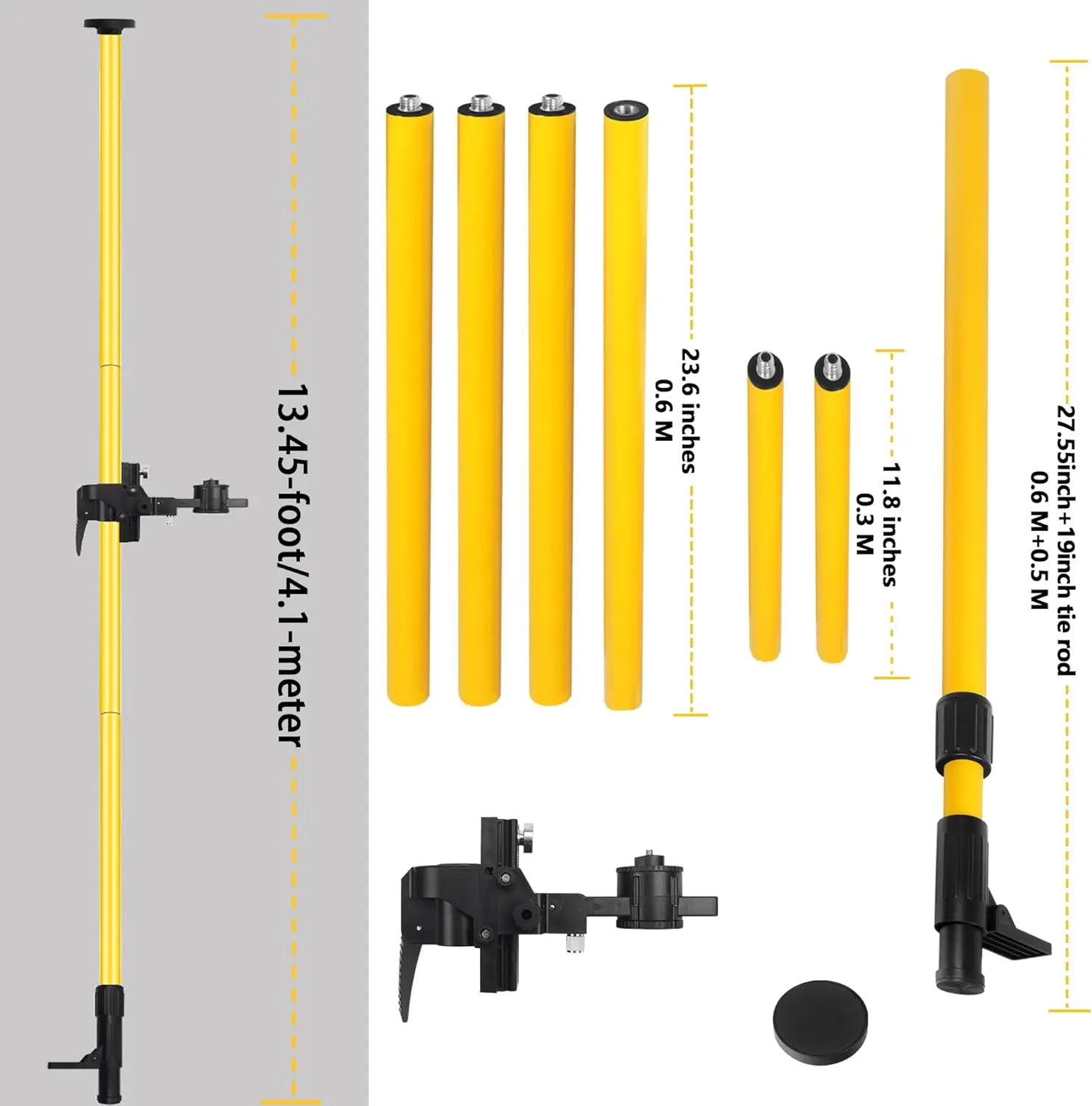 เสาเลเซอร์แบบยืดหดได้พร้อมเกลียวขนาด 1/4 นิ้ว และ 5/8 นิ้ว สำหรับเลเซอร์แบบหมุนและแบบเส้นตรง ความยาว 4 เมตร/13.45 ฟุต