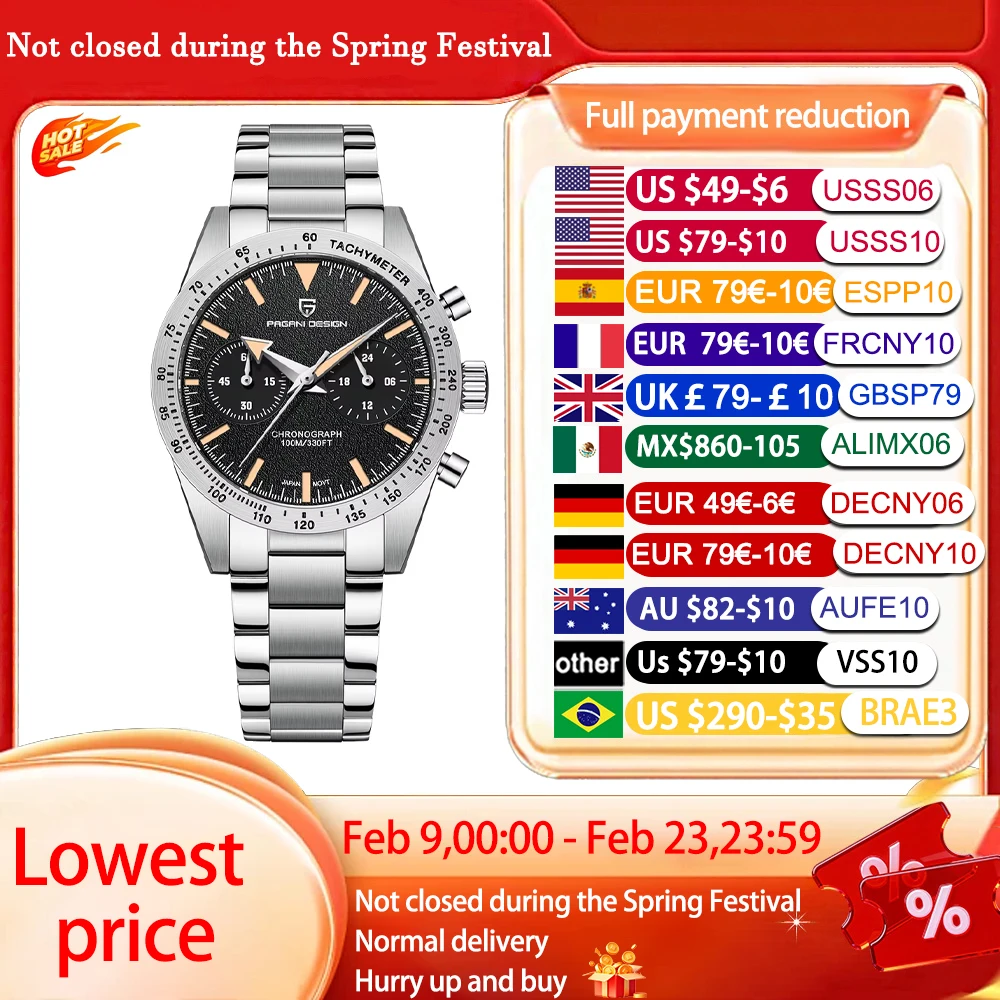 

Новые мужские часы Pagani Design 2026 в ретро-стиле, кварцевые, спортивный хронограф VK64, с сапфировым стеклом, водонепроницаемые, Reloj Hombre