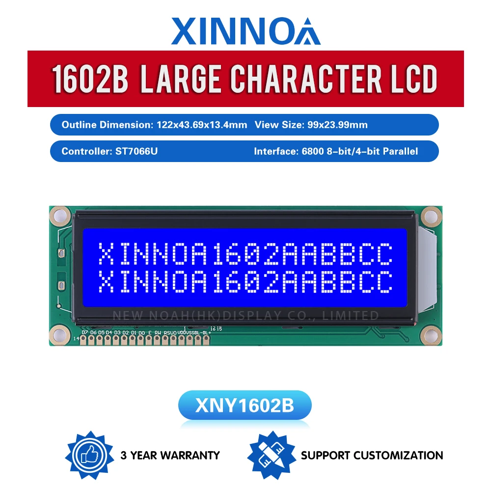 حرف شاشة مصفوفة نقطية كبيرة ، فيلم أزرق ، حروف بيضاء ، 1602B ، 16X2 ، LCD ، 2x16 ، 49x44 ، ST7066U