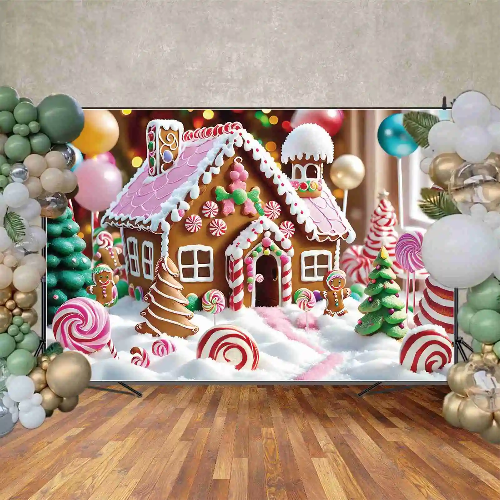 MOON.QG Backdrop Baby Christmas Party Photozone Background Children Gingerbread House Candyland Home Lollipop Photography Props