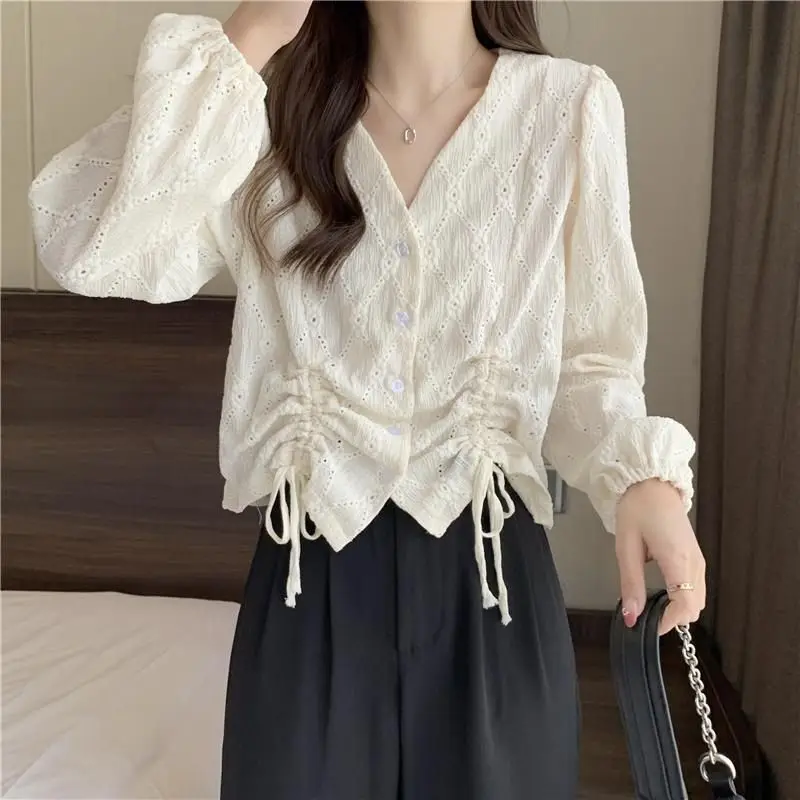 Long Sleeves V-neck Hollow Out Shirt for Women\'s Spring Autumn Unique Double Drawstring Stylish Chic Beautiful Small Shirt Top