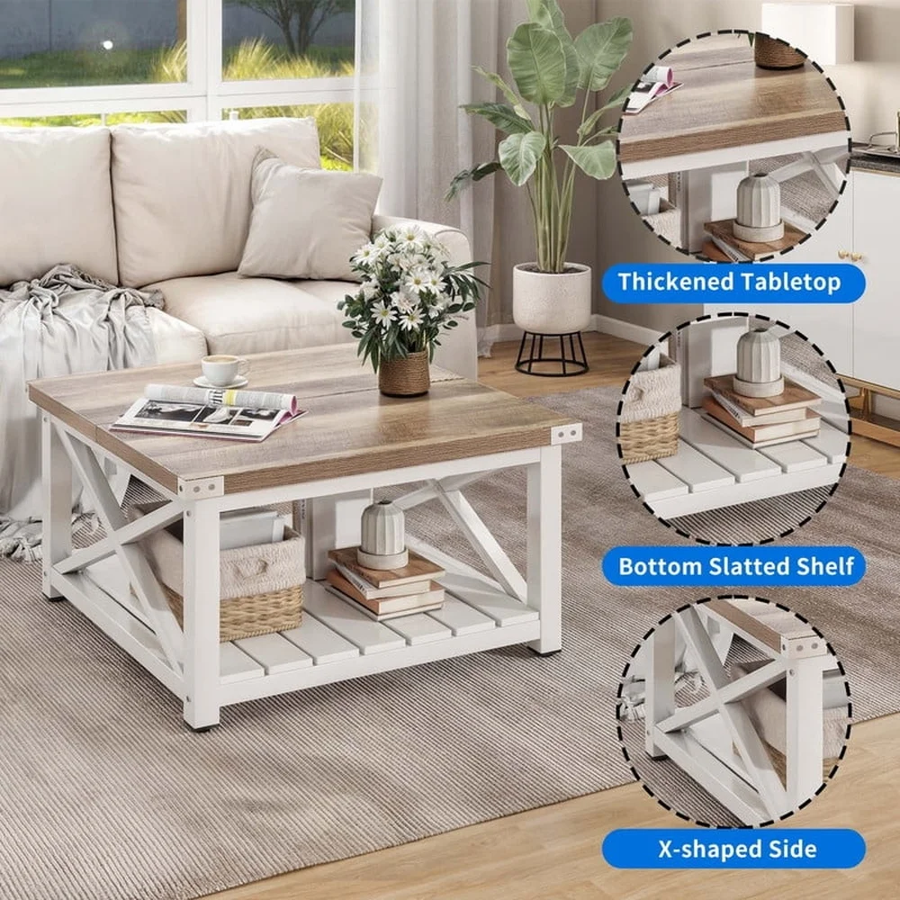Square Wood Coffee Table with Storage Rustic Center Table Living Room Versatile Design Durable MDF Construction Easy Assembly
