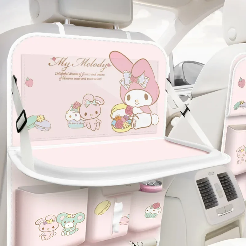 2024 baru Sanrio Melody tas penyimpanan mobil kursi belakang mobil tahan air Multi fungsi tas gantung dengan meja dan penyimpanan tisu kertas