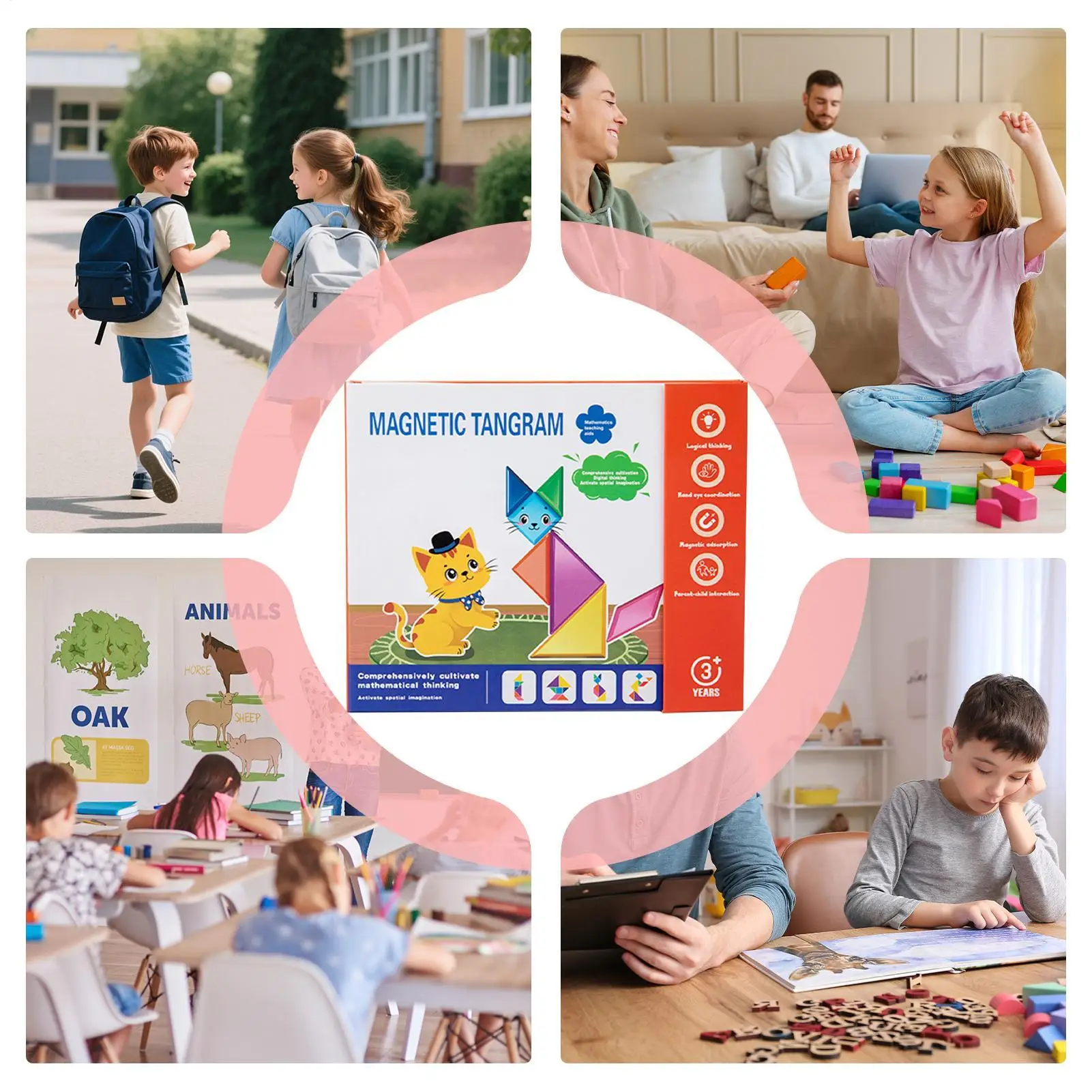 Magnetyczne tangramy, edukacyjne gry kształtkowe dla dzieci w wieku 3 lat, dla dziewczynek i chłopców, do przedszkola, szkoły wczesnoszkolnej, do nauki w domu, matematyka.