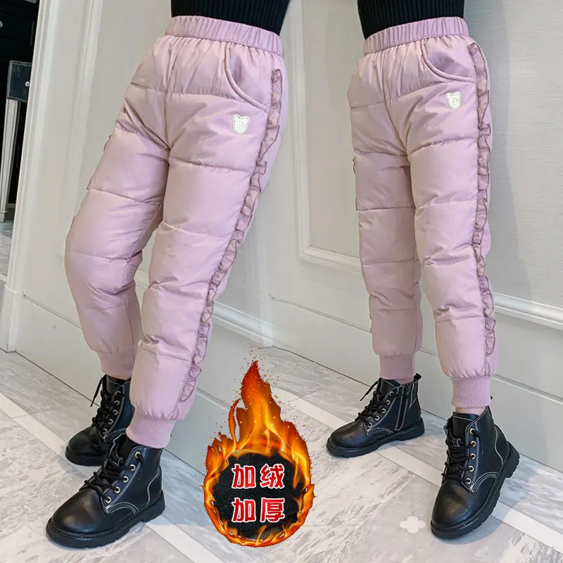

Осенне-зимние утепленные хлопковые брюки для девочек, теплые, плотные, однотонные, с высокой талией, удобные джоггеры, детская одежда
