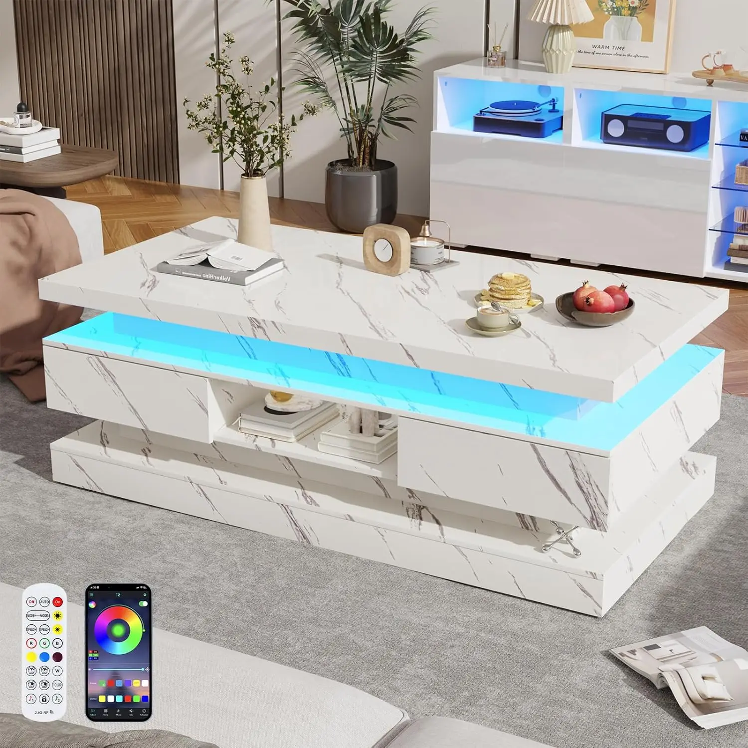 Nowoczesny stolik kawowy LED o wysokiej połysko, 120 cm (47,2 cala), z 2 wysuwanymi szufladami, dwuwarstwowe stoliki centralne z oświetleniem LED, możliwość personalizacji.
