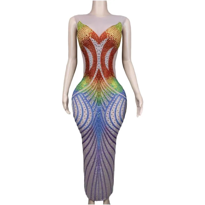 Sexy Stage Colorful Rhinestones Mesh Long Dress Celebrity Evening Party Birthday Celebrate Outfit Model Show Photo Shoot Costume