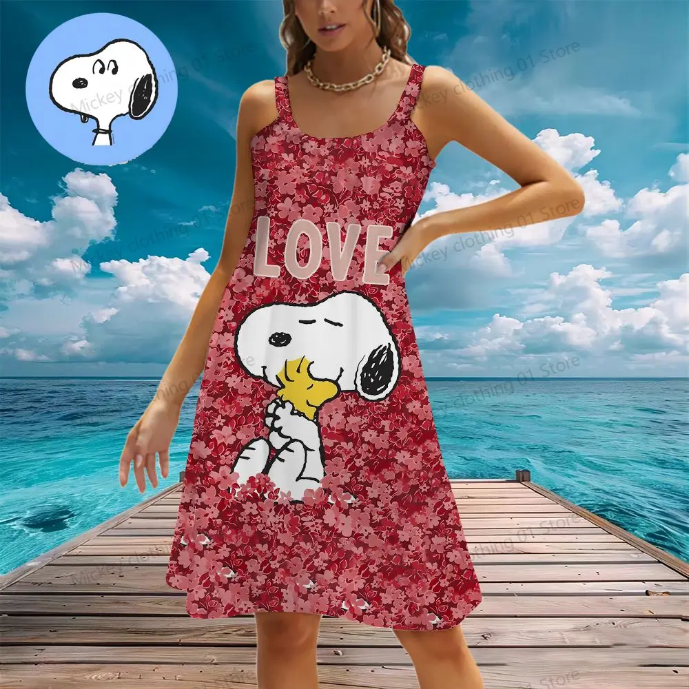 Women's Beach Dresses Snoopy Kawaii Elegant Chic Dress Youthful Woman Clothes 2024 Y2k Summer Leisure S-3XL Anime Boho Sanrio