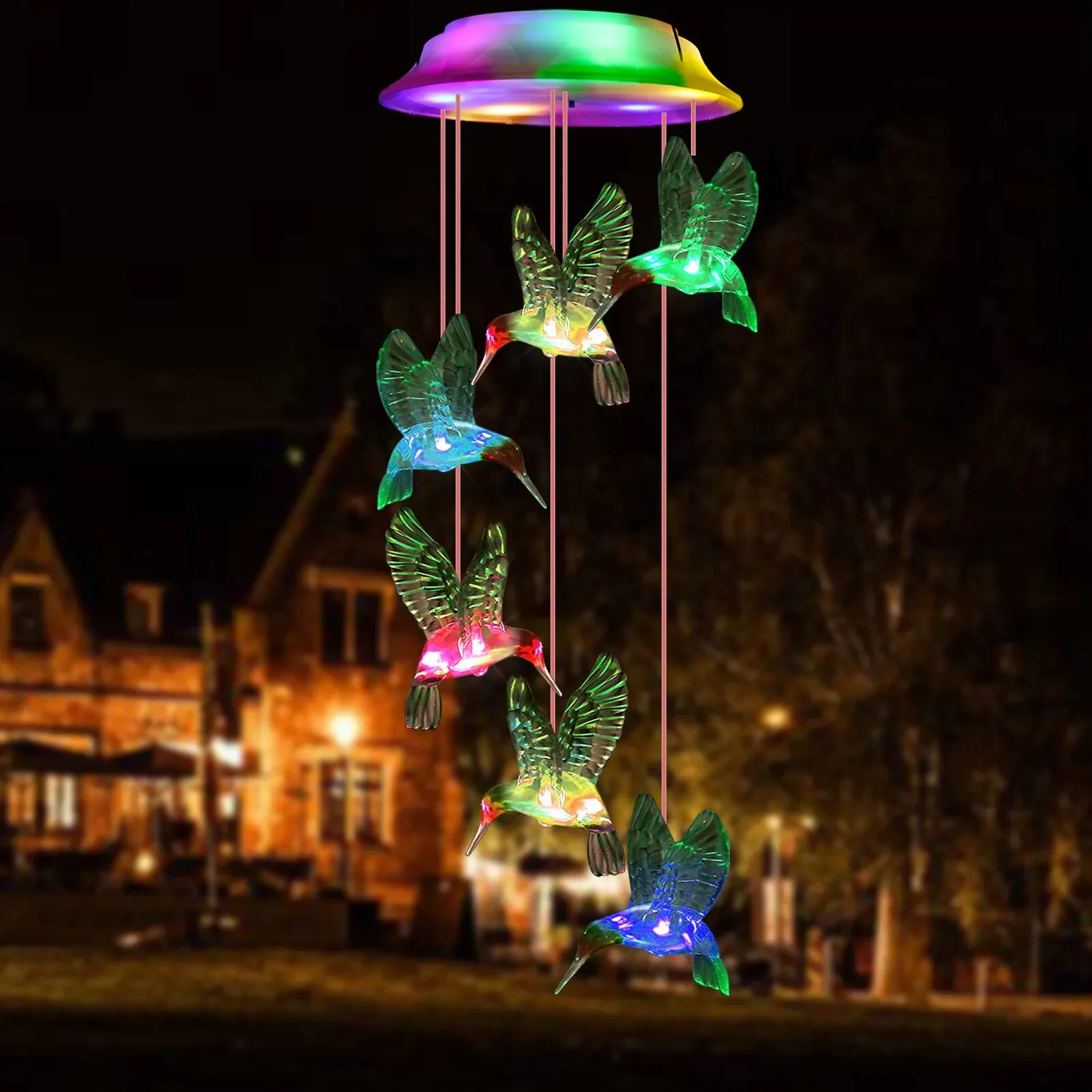 Solar Powered Outdoor Waterproof and Color Changing Hummingbird Wind Chimes for Garden Decoration Gifts