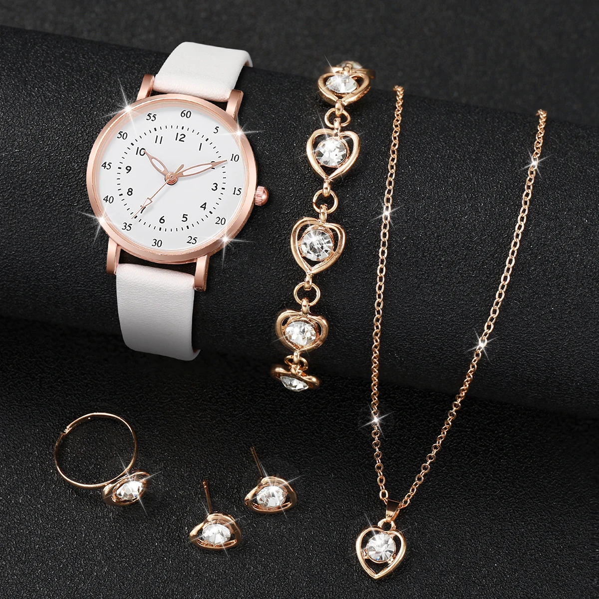 5PCS/Set Fashion Women Watches Diamond Heart Jewelry Set Female Small Dial Quartz Watch Leather Band Wristwatches（Without Box）