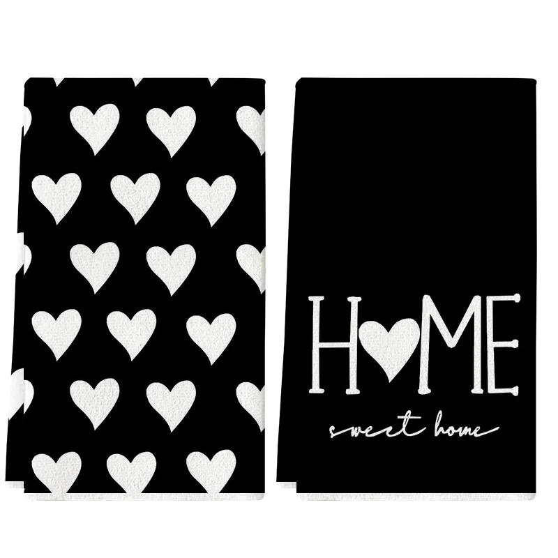 2Pcs, Black Heart-Shaped Kitchen Towels, 40Cm*60Cm Towel Set, Super Absorbent Soft Cleaning Cloth, Cooking and Baking Tea Towel, Hand Towel, Cleaning Cloth, Dishwashing Cloth, Kitchen Decoration, Living Room Decorations, Kitchen Essentials, Home Essentials