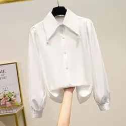 Simplicity Button Shirt Tops Polo Neck Long Sleeve Loose Chiffon Fashion Blouse Spring Autumn New Vintage Elegant Women Clothing