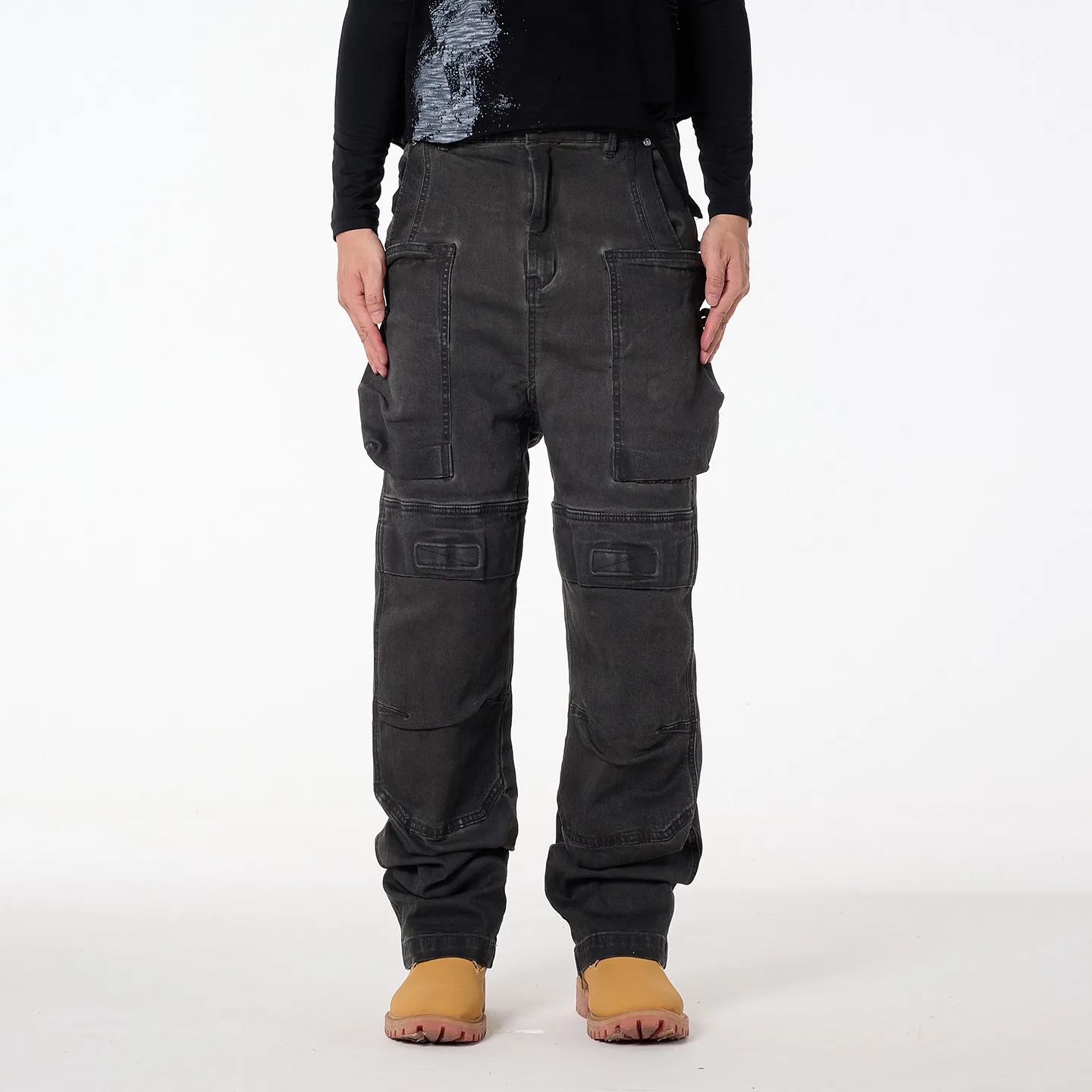 Fashion American Retro High Street Multi-Pocket Spray Dirty Washed Distressed Tactics Cargo Jeans Men