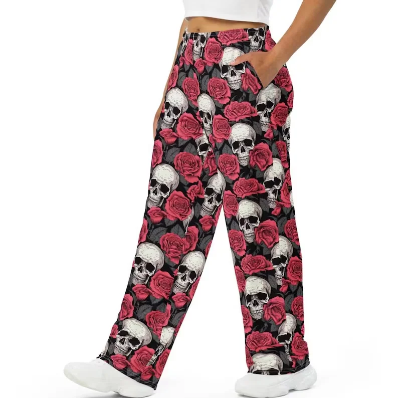 Men's and Women's Skull Red Rose Print Gothic Floral Loose Pants, Day of The Dead Street Style Elastic Waistband Casual Pants