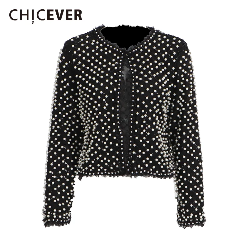CHICEVER Slimming Jackets with Beading for Women O Neck Long Sleeve Patchwork Lace Edge Temperament Coat Female Spring Style New