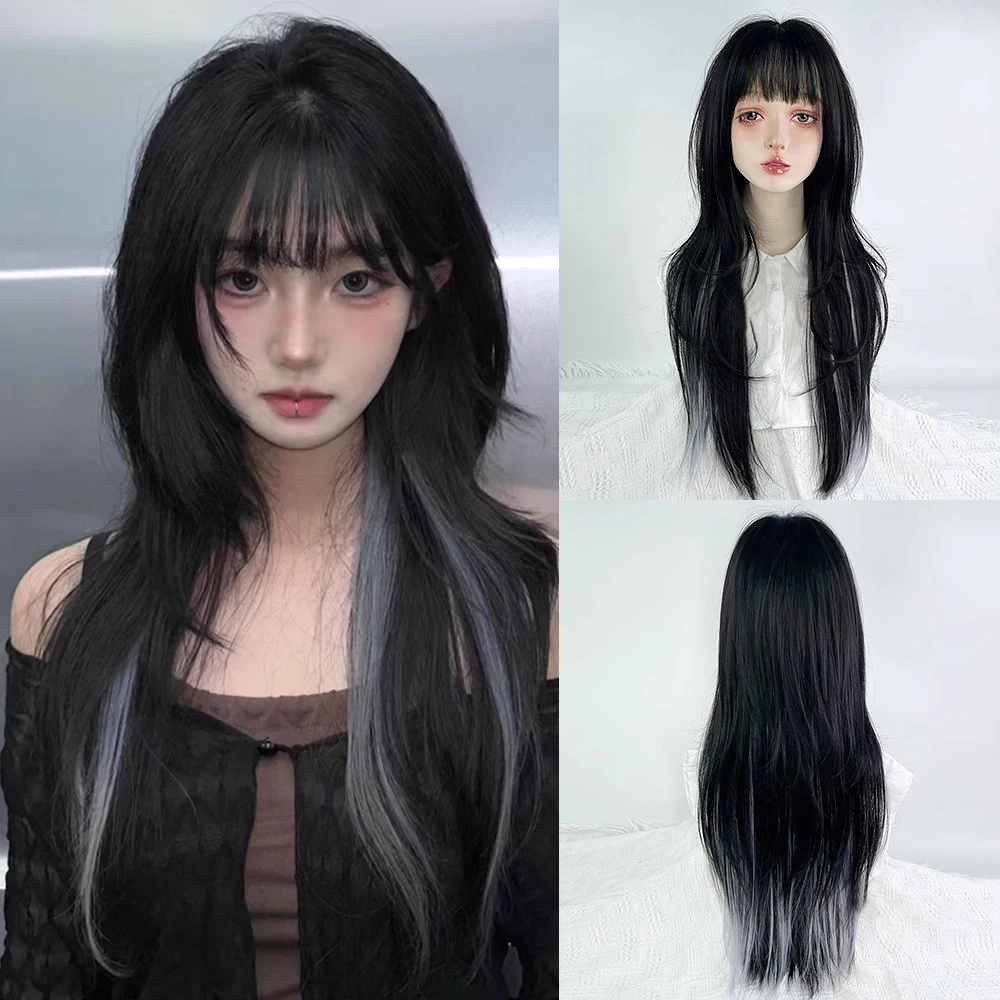 Synthetic Mullet Head Wigs Long Straight Lolita Cosplay Women Fluffy Black Ombre Gray Layered Wig for Daily Party