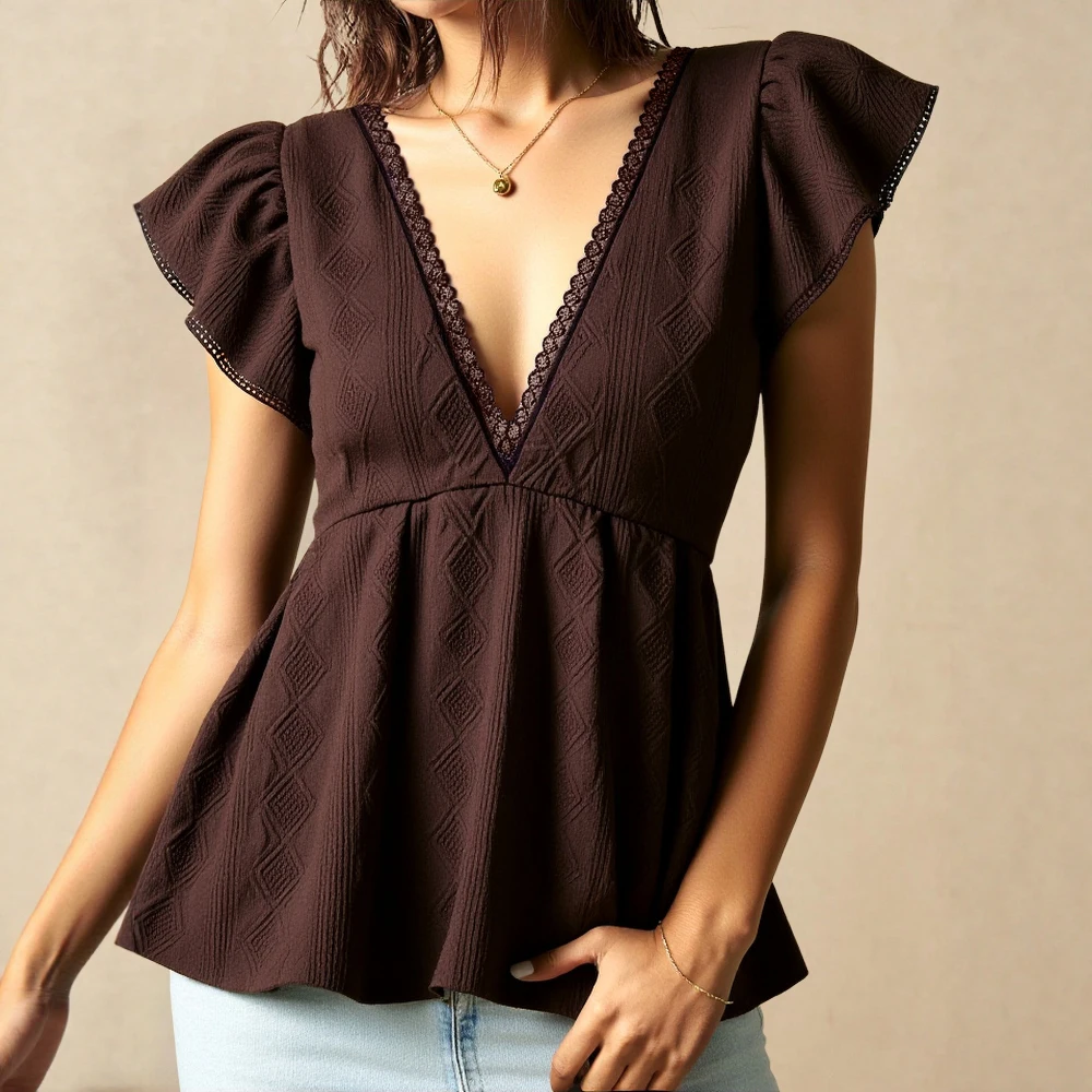 

Mia Muse Select, летние и осенние майки 2029, женские французские однотонные кружевные майки с короткими рукавами и v-образным вырезом, базовые майки трапециевидной формы