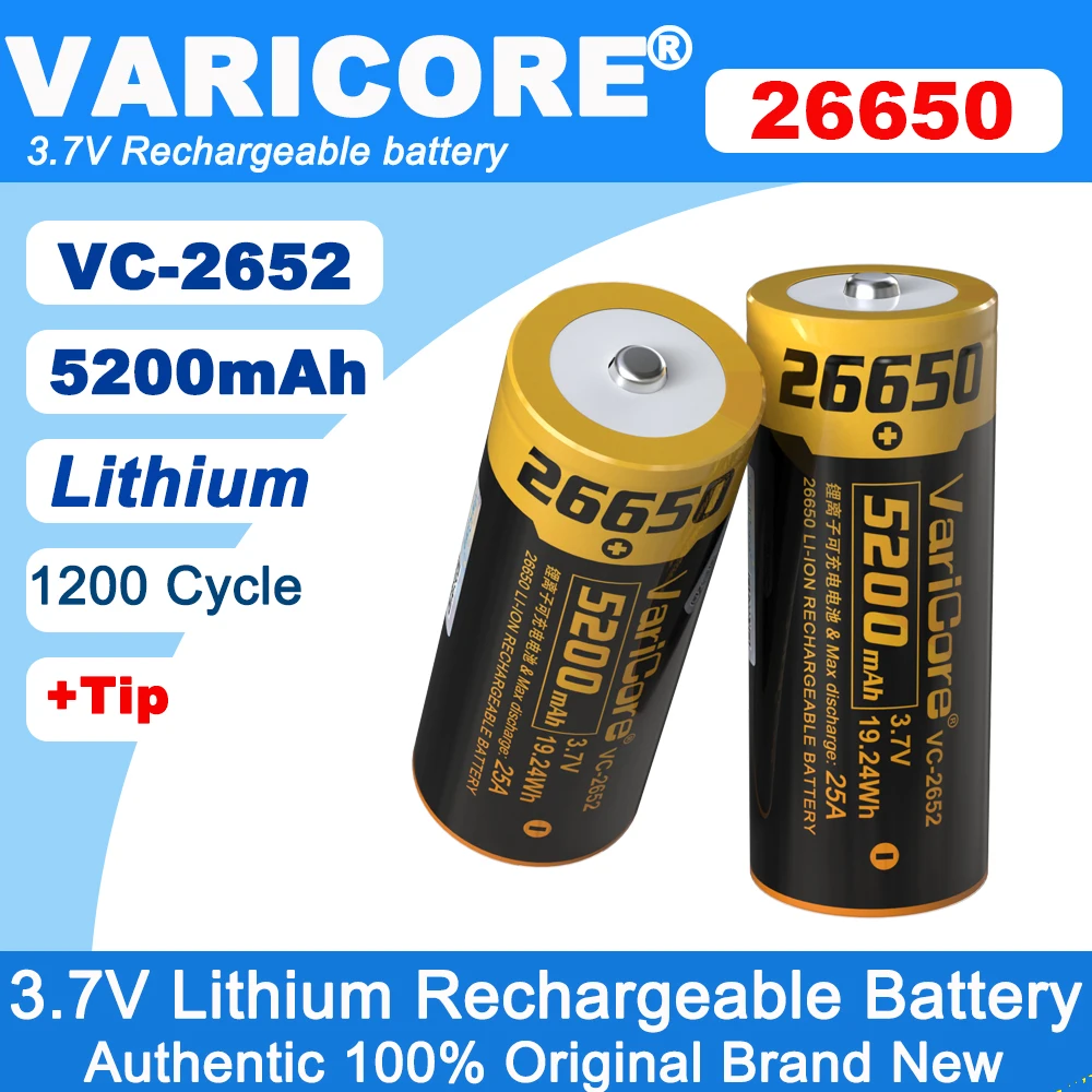 

VariCore 26650 5200mAh VC-2652 3.7V Power Rechargeable Lithium Battery 25A Suitable For Strong Light Flashlight (NO PCB)