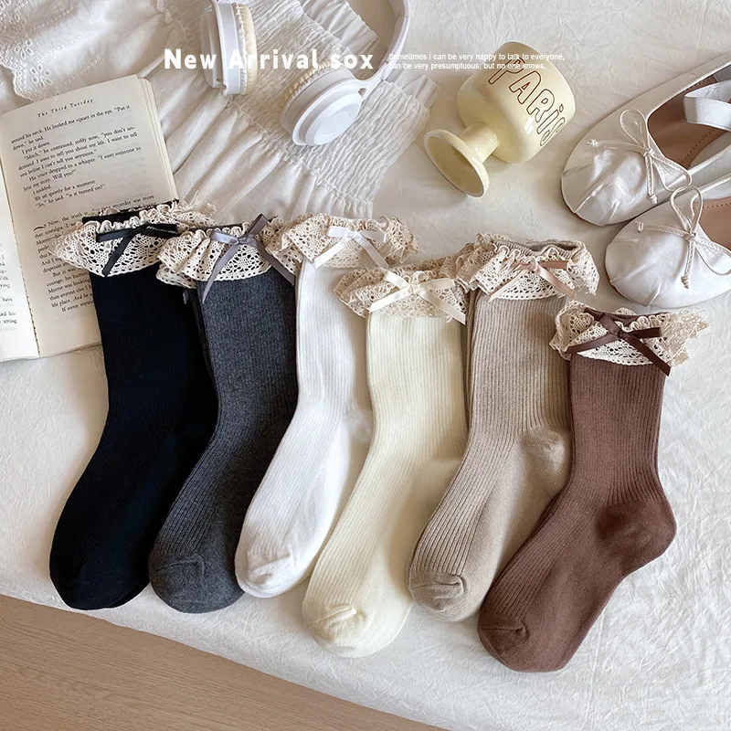 

6 Pairs Women's Mid-Calf Cotton Autumn Winter Coquette Socks with 3D Bow Lace Cute Japanese Style Coffee Brown Fashion Socks Set