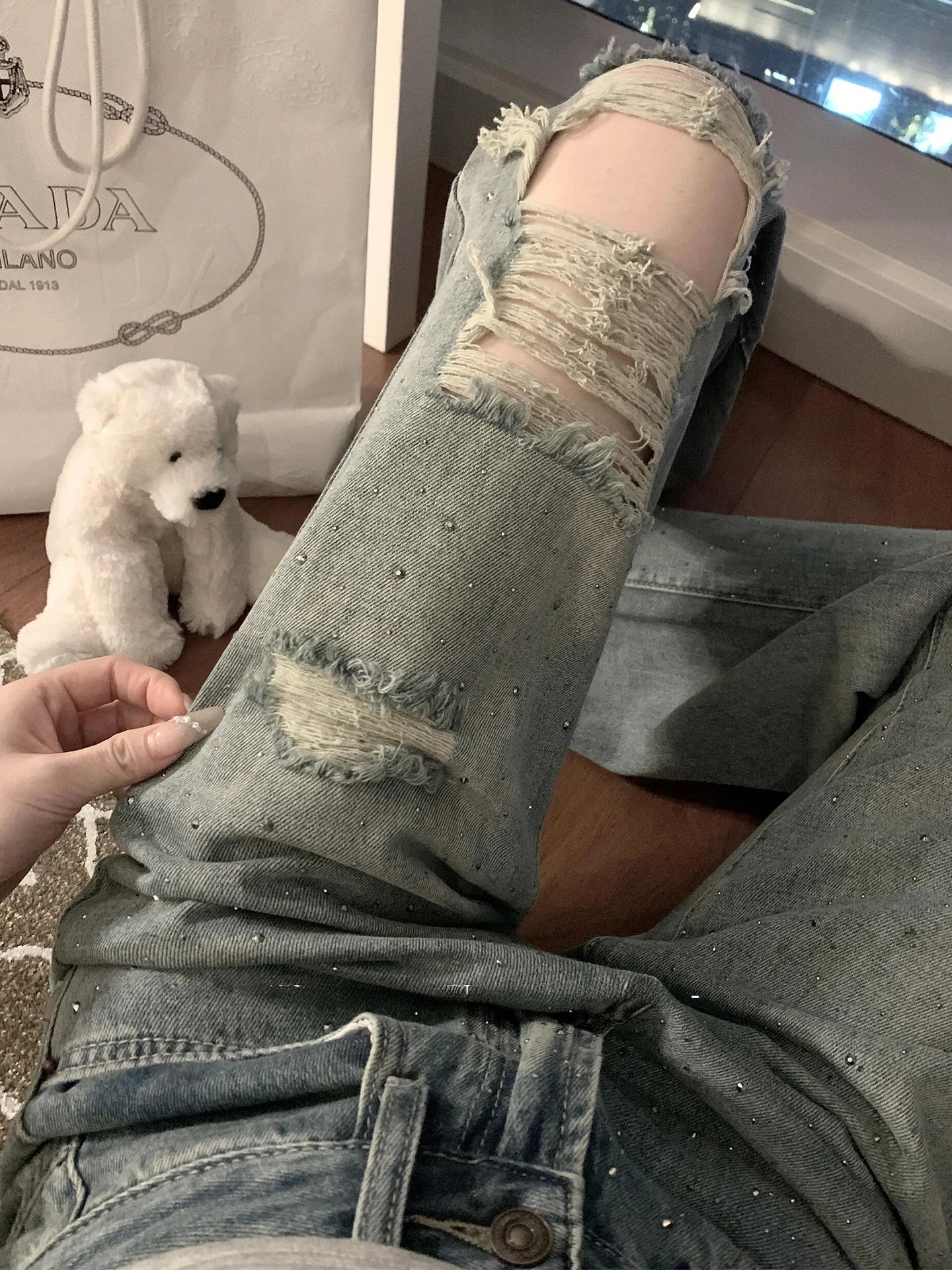 

Retro Diamond Studded Wide Leg Jeans Women's Casual Loose Long Trousers High Waist Cotton Pure Color Spring 2026