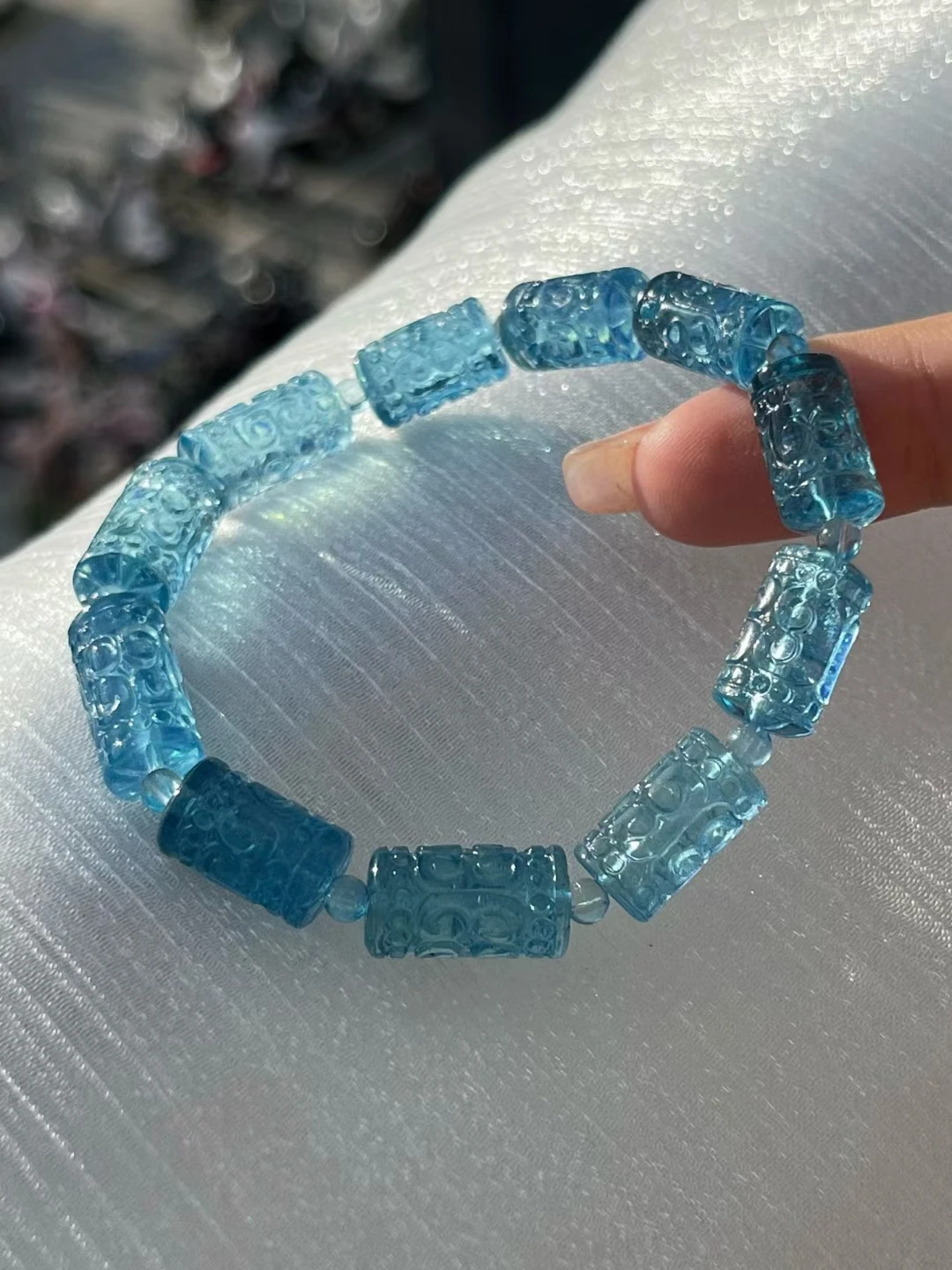 Natural Blue Aquamarine Clear Brrel Beads Bracelet Women Men 9*14.5mm Gift Fashion Brazil Deep Blue Aquamarine Jewelry AAAAA