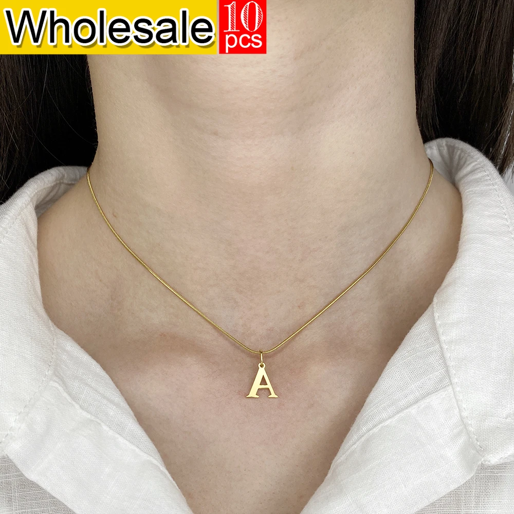 

10PCS Stainless Steel Circular Snake Bead Chain Minimalist Necklace Golden 26 Initial Letters Pendant Women's Jewelry Wholesale