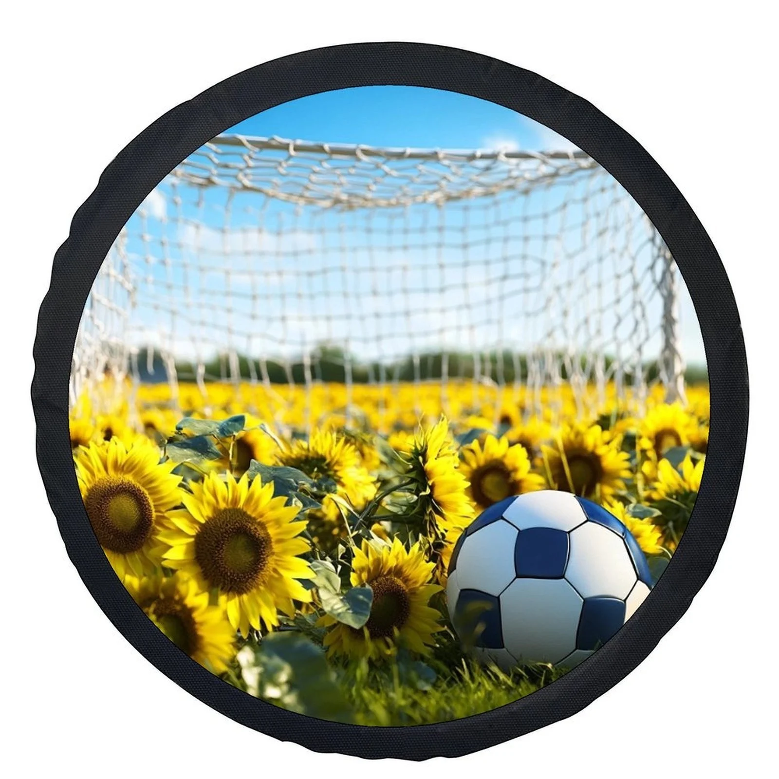 One Soccer Ball Design Tire Cover Featuring Sunflowers, A Stylish Universal Wheel Protector Suitable For Most Vehicles.