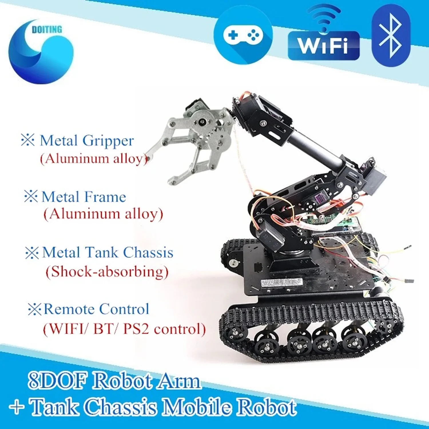 

Wifi/ BT/ Handle Control RC Mobile Robot 8DOF Rbot Arm + Shock Absorption Big Torque Tank Chassis for Arduino raspberry