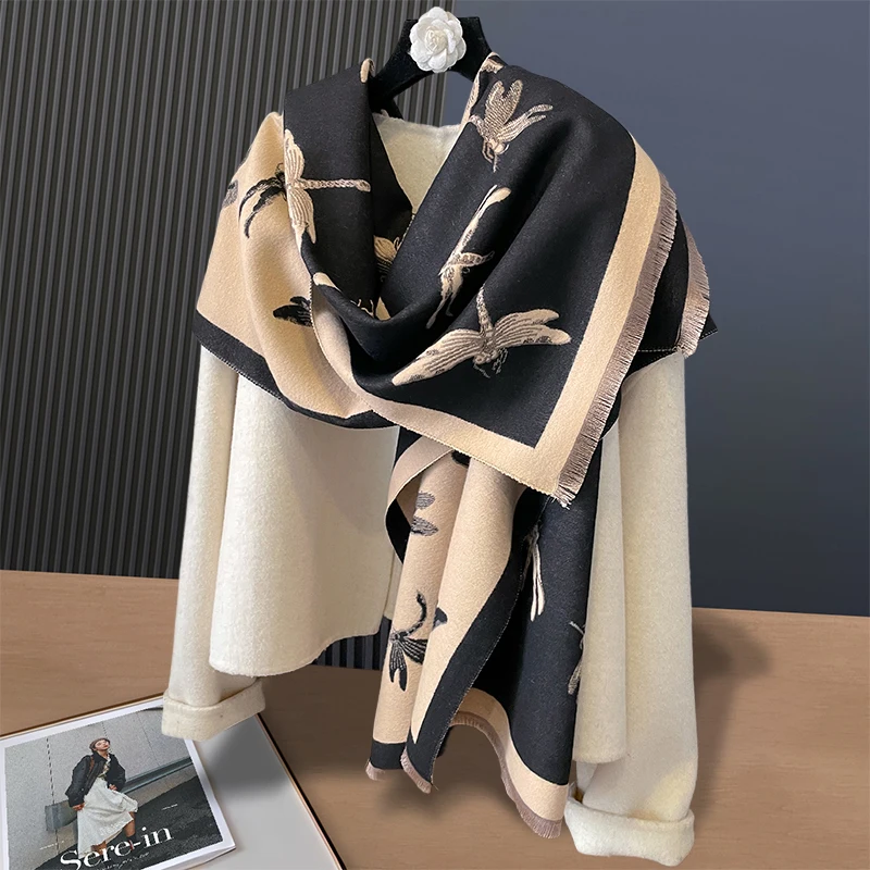 Winter Warm Cashmere Dragonfly Shawl Fashion Scarf Women Neckerchief Pashmina Head Scarves Wrap Femal Poncho Echarpe Bandana