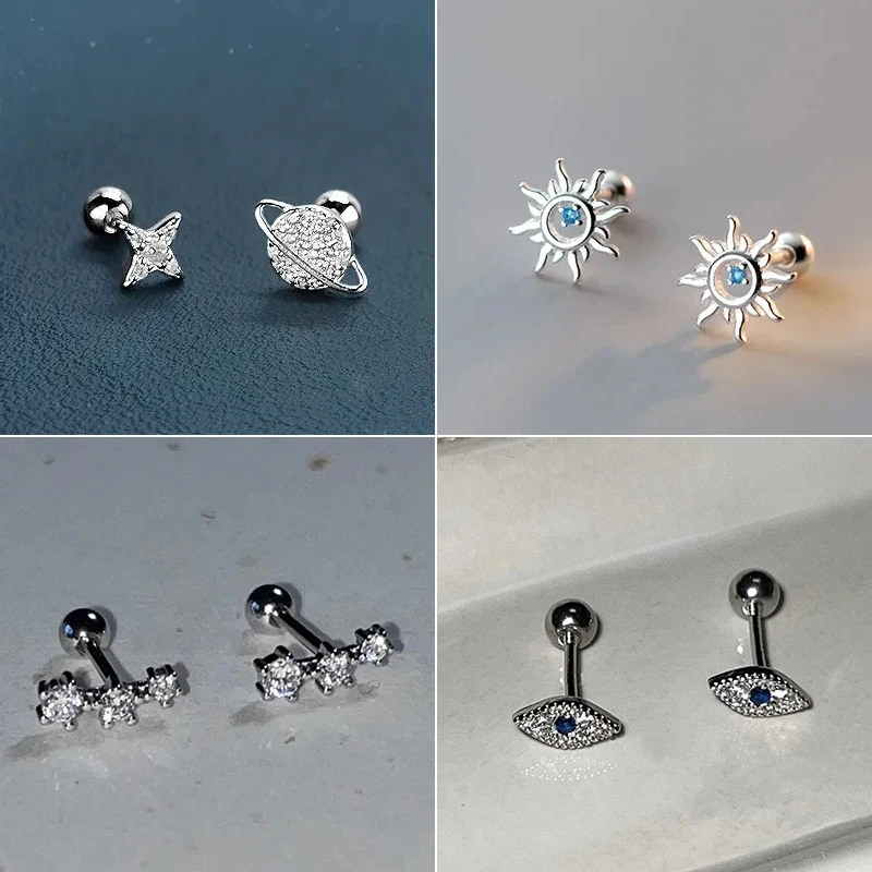 Simple Fashion Inlaid Zircon Asymmetry Star Screw Stud Earrings for Women Unique Sun Eye Earring Fine Jewelry Accessories Gift