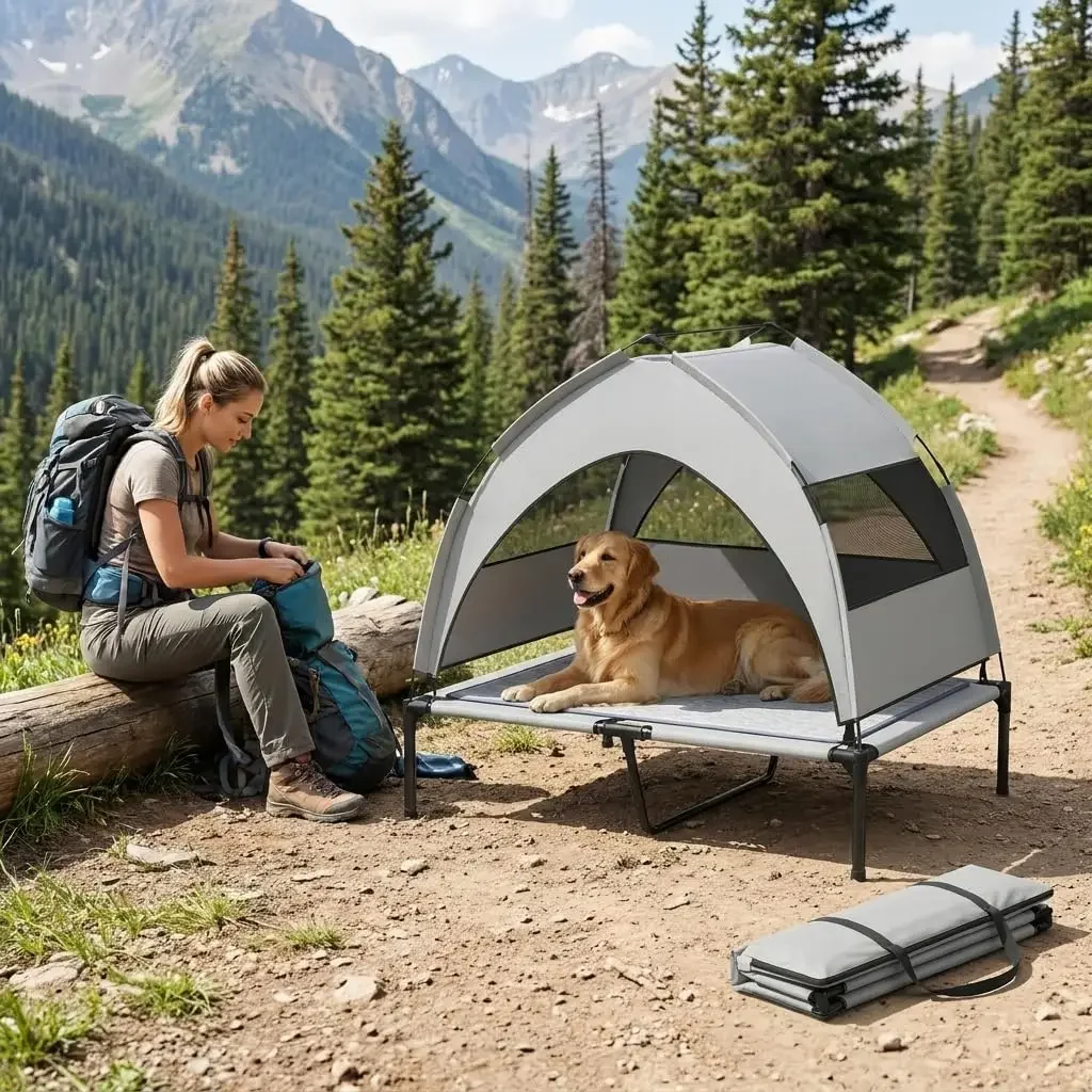 Elevated Dog Bed with Removable Canopy, Raised Outdoor Pet Cot, Portable Cooling Pad and Storage Bag for Medium Large Dogs