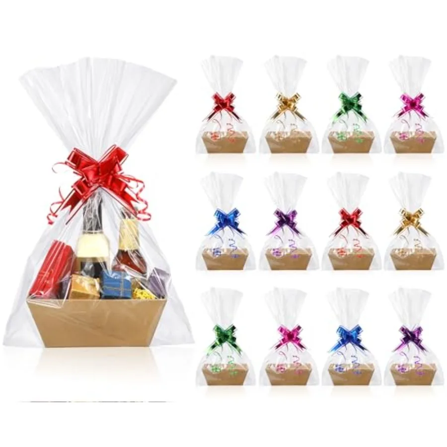 Cestas de Regalo Kraft Vacías de 12 x 10 x 3 Pulgadas con 18 Bolsas Transparentes y 20 Lazos para Envolver Regalos de San Valentín, Pascua, Bodas y Manualidades